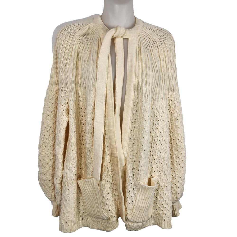 Vintage Acrylic Fibre 100% Virgin Soft Cable Knit Open Tie Cardigan Sweater Sz M